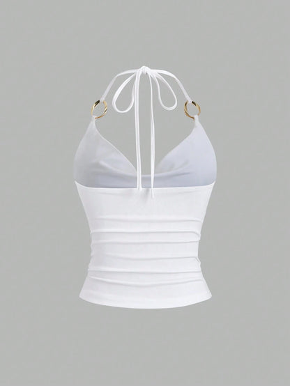 Sweetra New Y2K Metal Ring Decor Commuter Versatile Draped Neck Tie Strap Women Tank Top