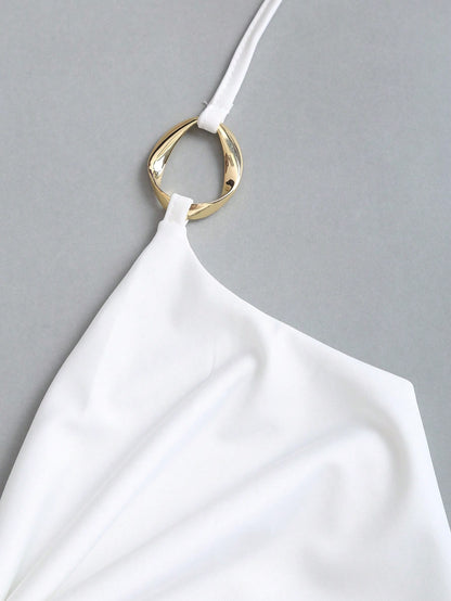 Sweetra New Y2K Metal Ring Decor Commuter Versatile Draped Neck Tie Strap Women Tank Top