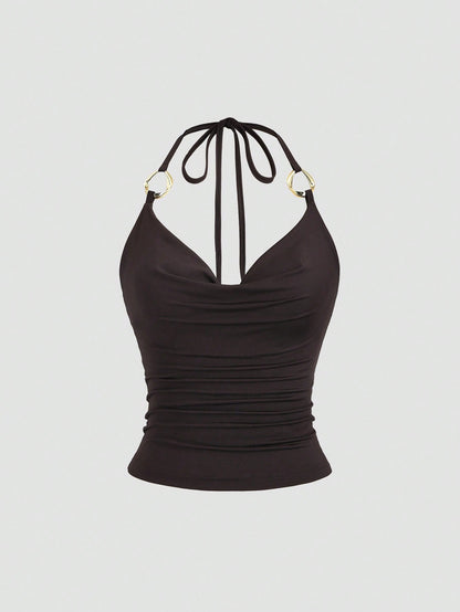 Sweetra New Y2K Metal Ring Decor Commuter Versatile Draped Neck Tie Strap Women Tank Top