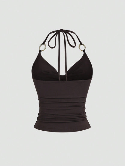 Sweetra New Y2K Metal Ring Decor Commuter Versatile Draped Neck Tie Strap Women Tank Top