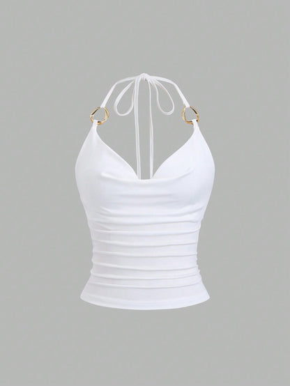 Sweetra New Y2K Metal Ring Decor Commuter Versatile Draped Neck Tie Strap Women Tank Top