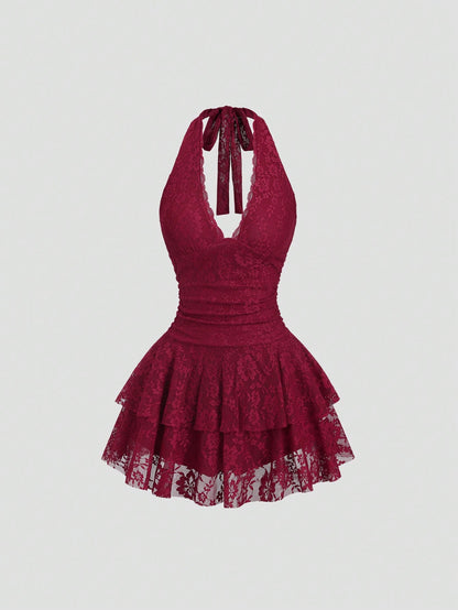 Sweetra Petite Women's Red Sleeveless V-Neck Lace Patchwork Sexy Mini Dress,Petite Women