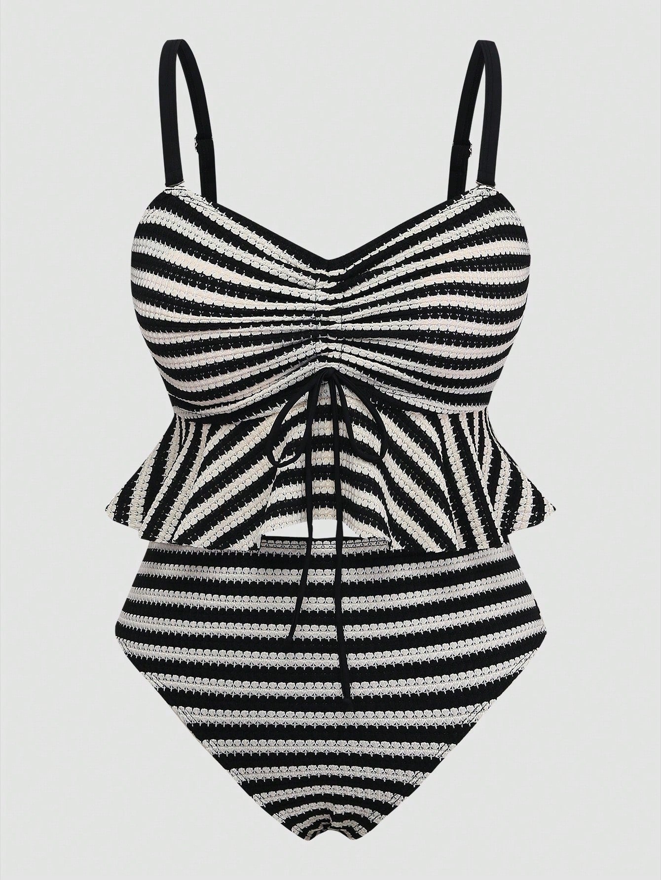 Sweetra Plus Size Vintage Striped Bikini Top With Tummy Control,Backless Peplum Swimwear For Black And White Plaid,Summer,Beach,Holiday,Holiday Vacation