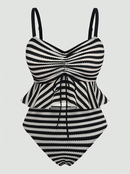 Sweetra Plus Size Vintage Striped Bikini Top With Tummy Control,Backless Peplum Swimwear For Black And White Plaid,Summer,Beach,Holiday,Holiday Vacation