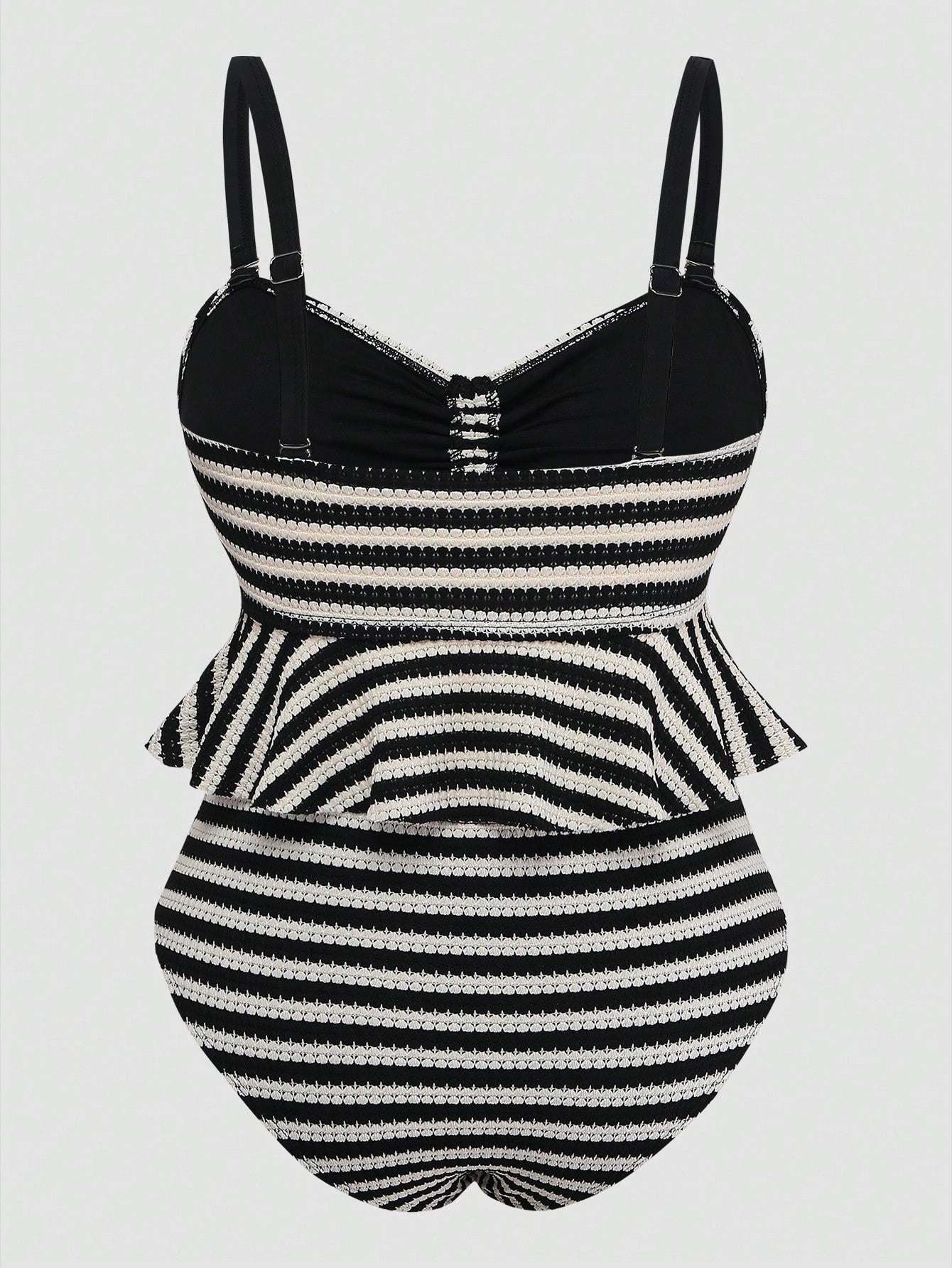 Sweetra Plus Size Vintage Striped Bikini Top With Tummy Control,Backless Peplum Swimwear For Black And White Plaid,Summer,Beach,Holiday,Holiday Vacation