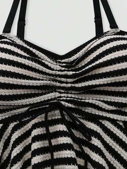 Sweetra Plus Size Vintage Striped Bikini Top With Tummy Control,Backless Peplum Swimwear For Black And White Plaid,Summer,Beach,Holiday,Holiday Vacation