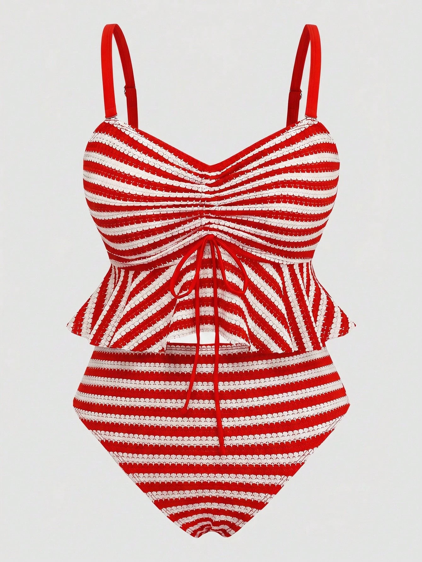 Sweetra Plus Size Vintage Striped Bikini Top With Tummy Control,Backless Peplum Swimwear For Black And White Plaid,Summer,Beach,Holiday,Holiday Vacation