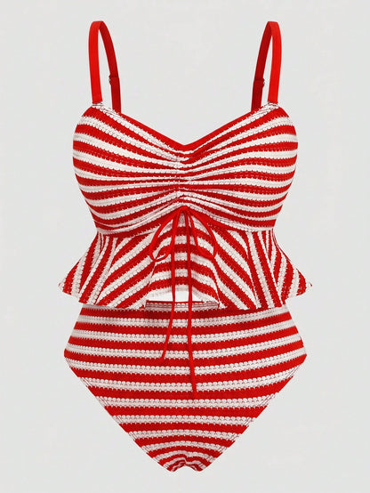 Sweetra Plus Size Vintage Striped Bikini Top With Tummy Control,Backless Peplum Swimwear For Black And White Plaid,Summer,Beach,Holiday,Holiday Vacation