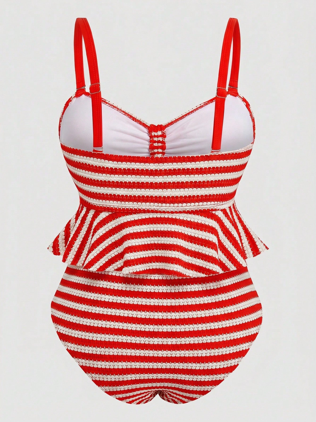 Sweetra Plus Size Vintage Striped Bikini Top With Tummy Control,Backless Peplum Swimwear For Black And White Plaid,Summer,Beach,Holiday,Holiday Vacation