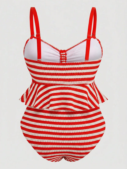 Sweetra Plus Size Vintage Striped Bikini Top With Tummy Control,Backless Peplum Swimwear For Black And White Plaid,Summer,Beach,Holiday,Holiday Vacation