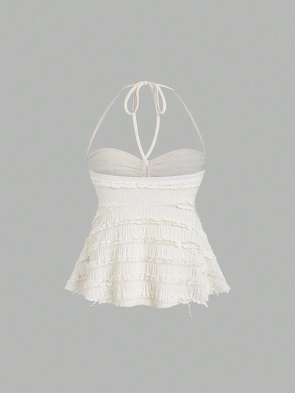 Sweetra Solid Color Drawstring Halter Backless Sexy Summer Tank Top
