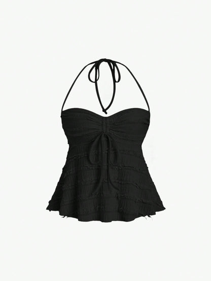Sweetra Solid Color Drawstring Halter Backless Sexy Summer Tank Top