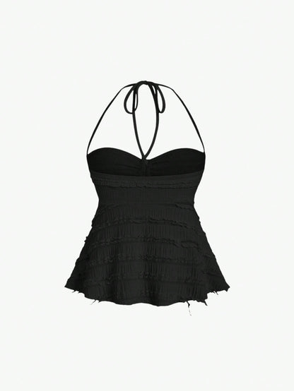 Sweetra Solid Color Drawstring Halter Backless Sexy Summer Tank Top