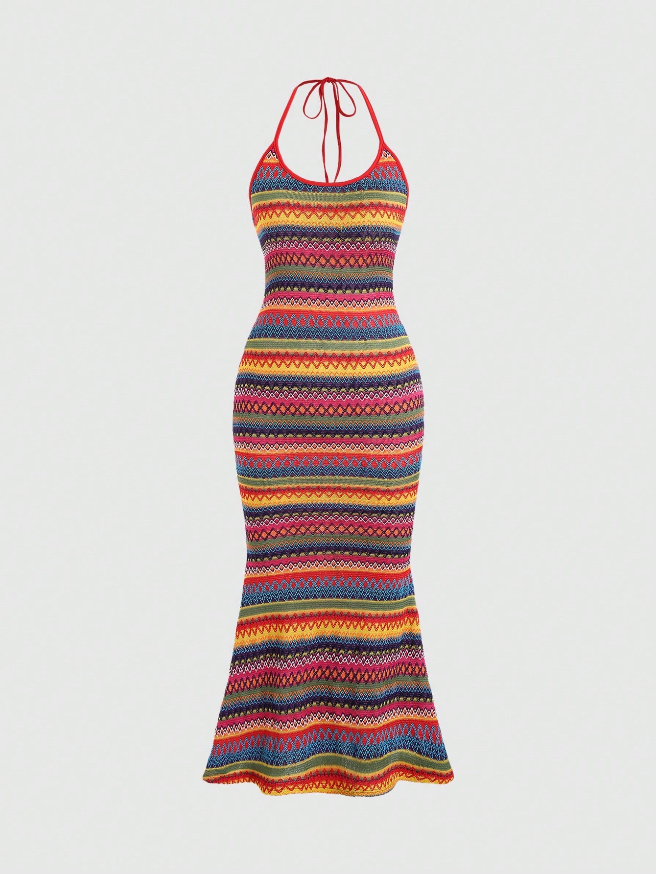 Sweetra Vacation Leisure Color Block Stripes Mermaid Hem Halter Sleeveless Dress Maxi Women Outfit