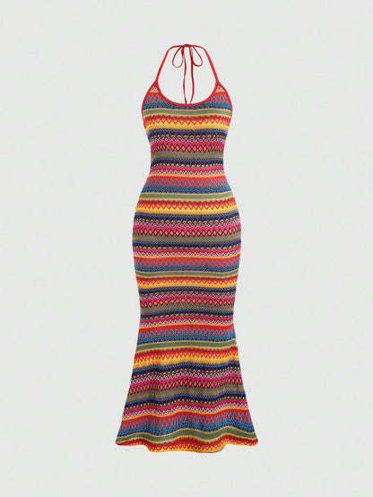 Sweetra Vacation Leisure Color Block Stripes Mermaid Hem Halter Sleeveless Dress Maxi Women Outfit
