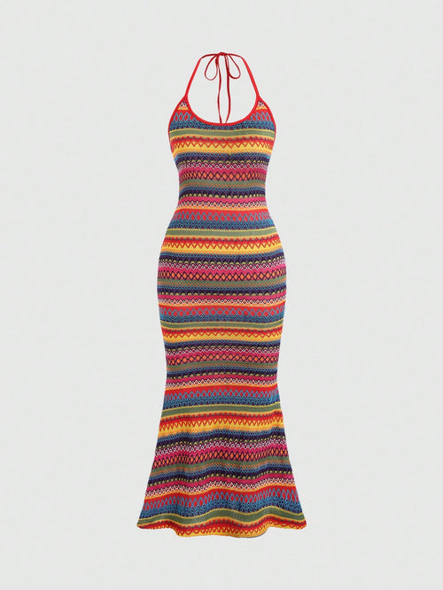 Sweetra Vacation Leisure Color Block Stripes Mermaid Hem Halter Sleeveless Dress Maxi Women Outfit