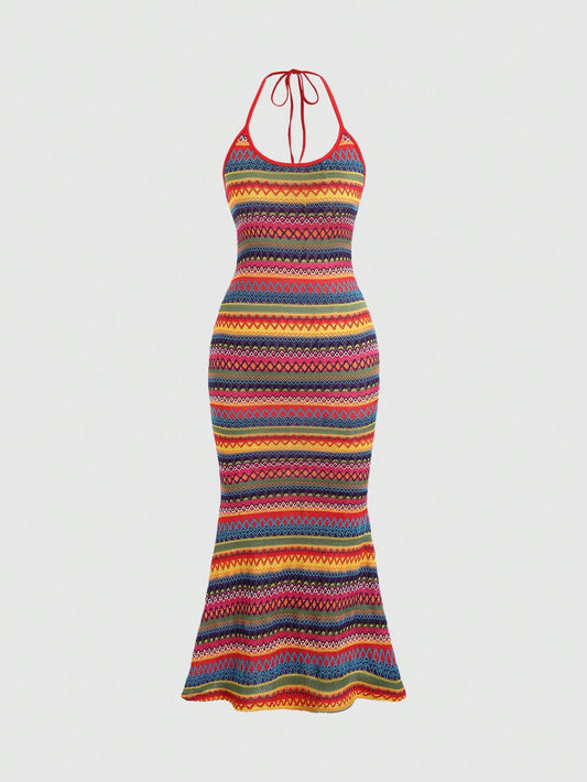 Sweetra Vacation Leisure Color Block Stripes Mermaid Hem Halter Sleeveless Dress Maxi Women Outfit