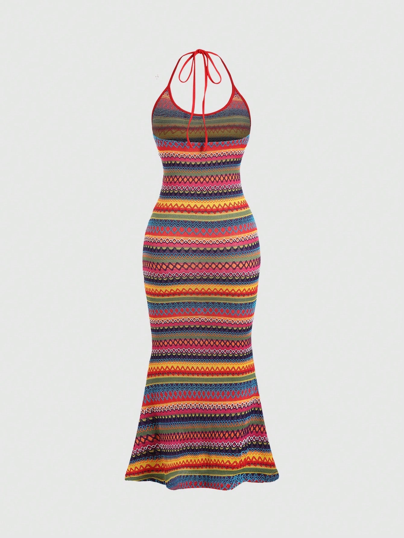 Sweetra Vacation Leisure Color Block Stripes Mermaid Hem Halter Sleeveless Dress Maxi Women Outfit
