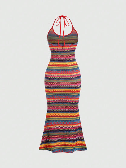 Sweetra Vacation Leisure Color Block Stripes Mermaid Hem Halter Sleeveless Dress Maxi Women Outfit