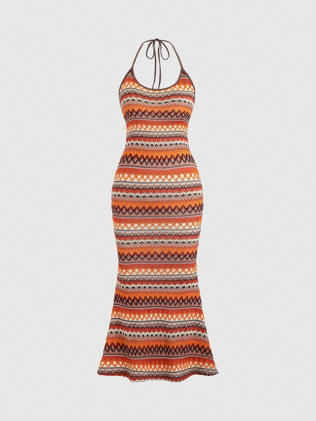 Sweetra Vacation Leisure Color Block Stripes Mermaid Hem Halter Sleeveless Dress Maxi Women Outfit