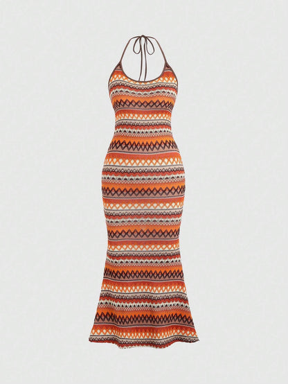 Sweetra Vacation Leisure Color Block Stripes Mermaid Hem Halter Sleeveless Dress Maxi Women Outfit