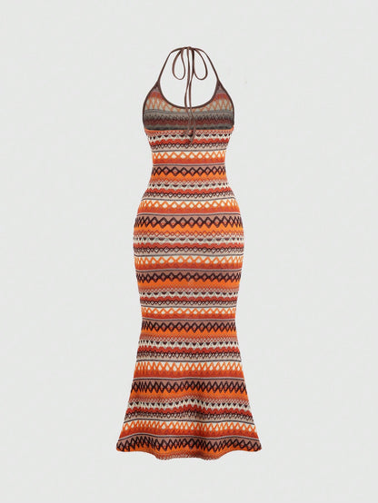 Sweetra Vacation Leisure Color Block Stripes Mermaid Hem Halter Sleeveless Dress Maxi Women Outfit