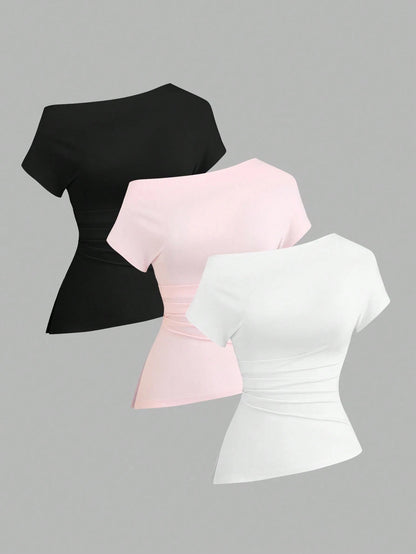 Sweetra Women Casual Asymmetric Shoulder Loose Comfortable T-Shirt