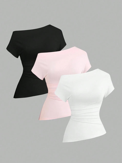 Sweetra Women Casual Asymmetric Shoulder Loose Comfortable T-Shirt