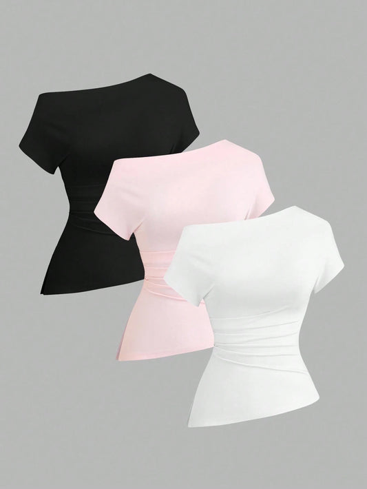 Sweetra Women Casual Asymmetric Shoulder Loose Comfortable T-Shirt