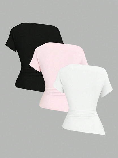 Sweetra Women Casual Asymmetric Shoulder Loose Comfortable T-Shirt