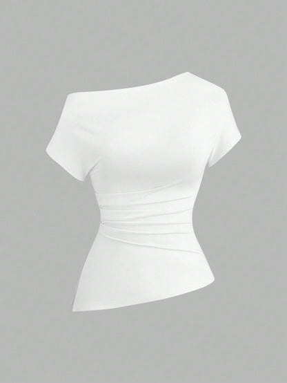 Sweetra Women Casual Asymmetric Shoulder Loose Comfortable T-Shirt