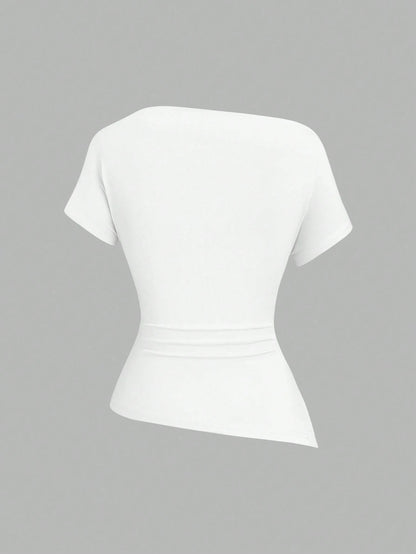 Sweetra Women Casual Asymmetric Shoulder Loose Comfortable T-Shirt