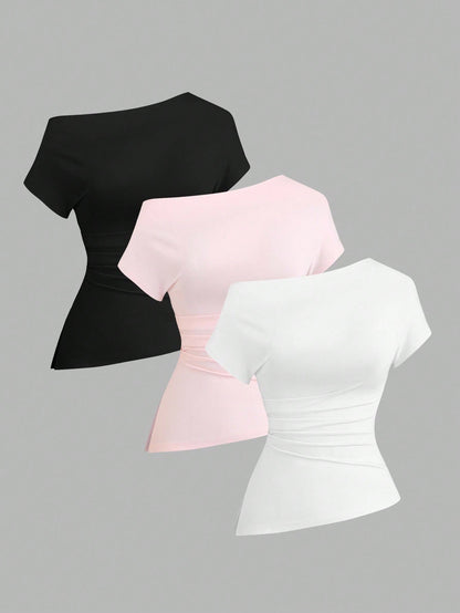 Sweetra Women Casual Asymmetric Shoulder Loose Comfortable T-Shirt