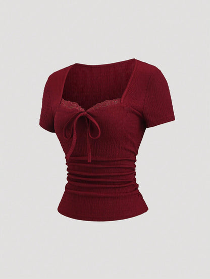 Sweetra Women's Burgundy Summer Elegant Tea Party Top, Textured Lace Trim Cinched Waist Ruched Slim Fit Sweetheart Neck Short Sleeve T-Shirt Casual Holiday Shirt