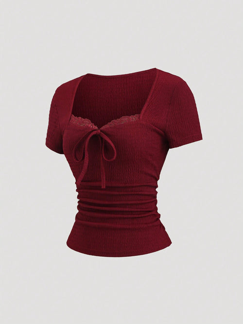 Sweetra Women's Burgundy Summer Elegant Tea Party Top, Textured Lace Trim Cinched Waist Ruched Slim Fit Sweetheart Neck Short Sleeve T-Shirt Casual Holiday Shirt