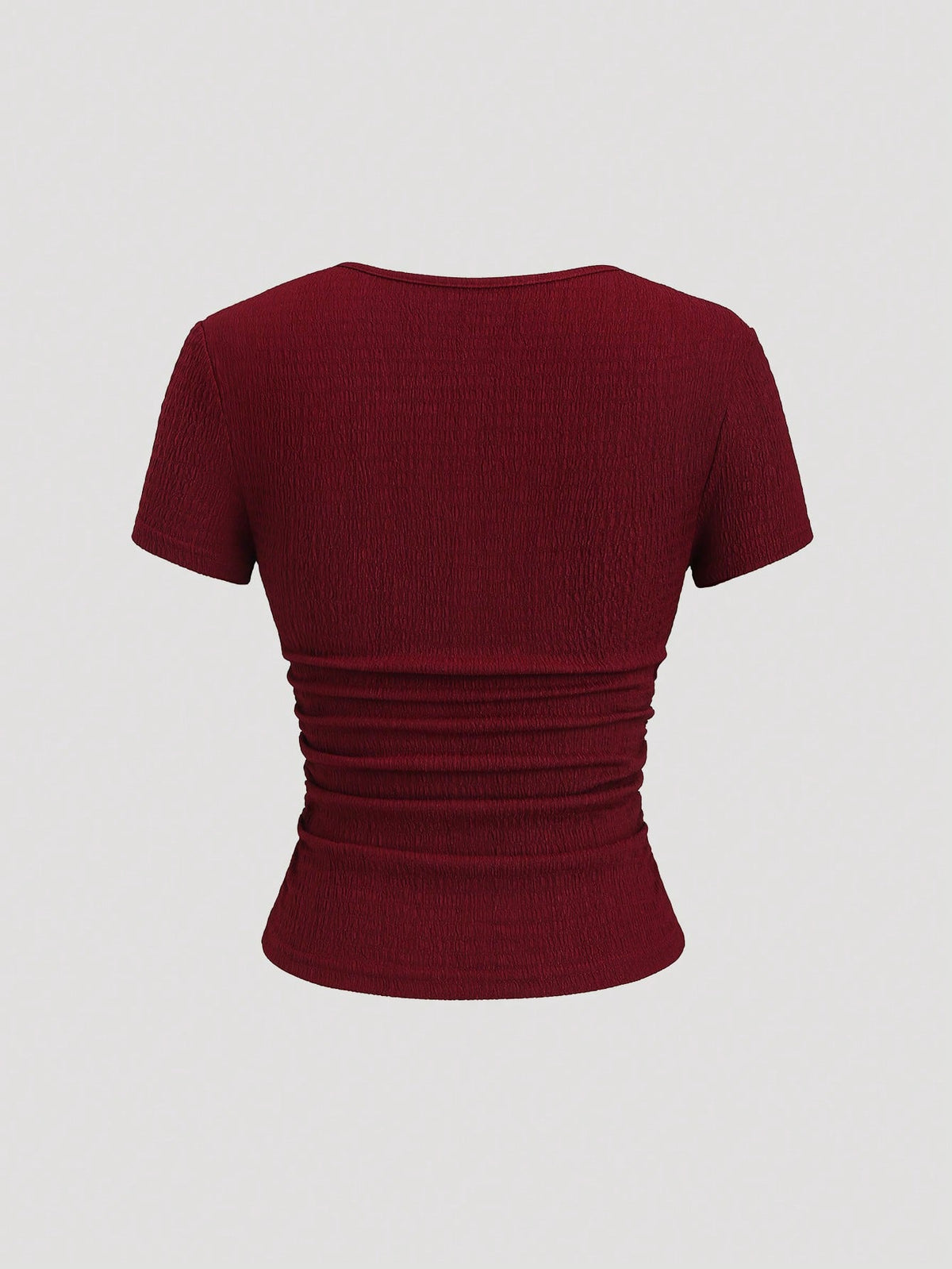 Sweetra Women's Burgundy Summer Elegant Tea Party Top, Textured Lace Trim Cinched Waist Ruched Slim Fit Sweetheart Neck Short Sleeve T-Shirt Casual Holiday Shirt
