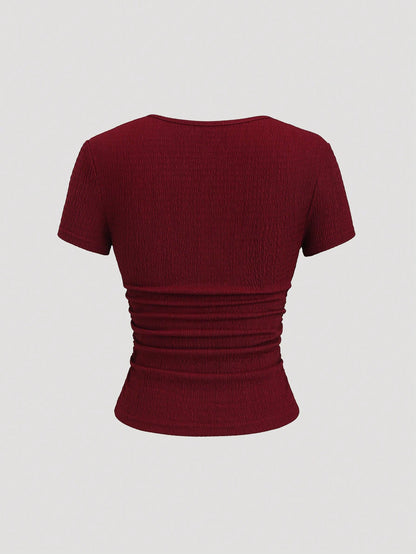 Sweetra Women's Burgundy Summer Elegant Tea Party Top, Textured Lace Trim Cinched Waist Ruched Slim Fit Sweetheart Neck Short Sleeve T-Shirt Casual Holiday Shirt