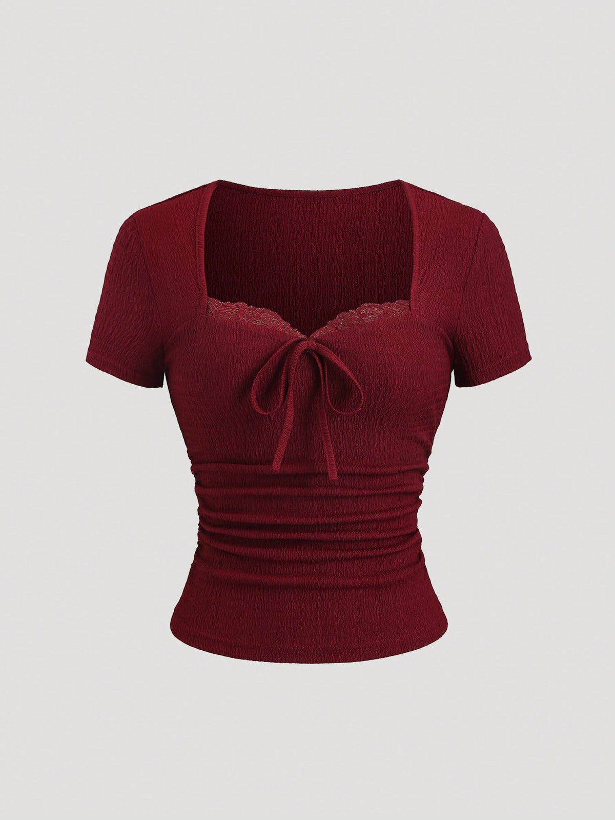 Sweetra Women's Burgundy Summer Elegant Tea Party Top, Textured Lace Trim Cinched Waist Ruched Slim Fit Sweetheart Neck Short Sleeve T-Shirt Casual Holiday Shirt
