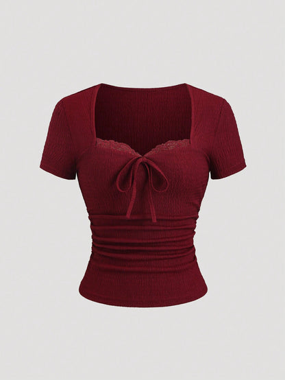 Sweetra Women's Burgundy Summer Elegant Tea Party Top, Textured Lace Trim Cinched Waist Ruched Slim Fit Sweetheart Neck Short Sleeve T-Shirt Casual Holiday Shirt