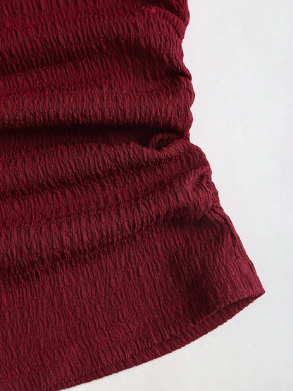 Sweetra Women's Burgundy Summer Elegant Tea Party Top, Textured Lace Trim Cinched Waist Ruched Slim Fit Sweetheart Neck Short Sleeve T-Shirt Casual Holiday Shirt