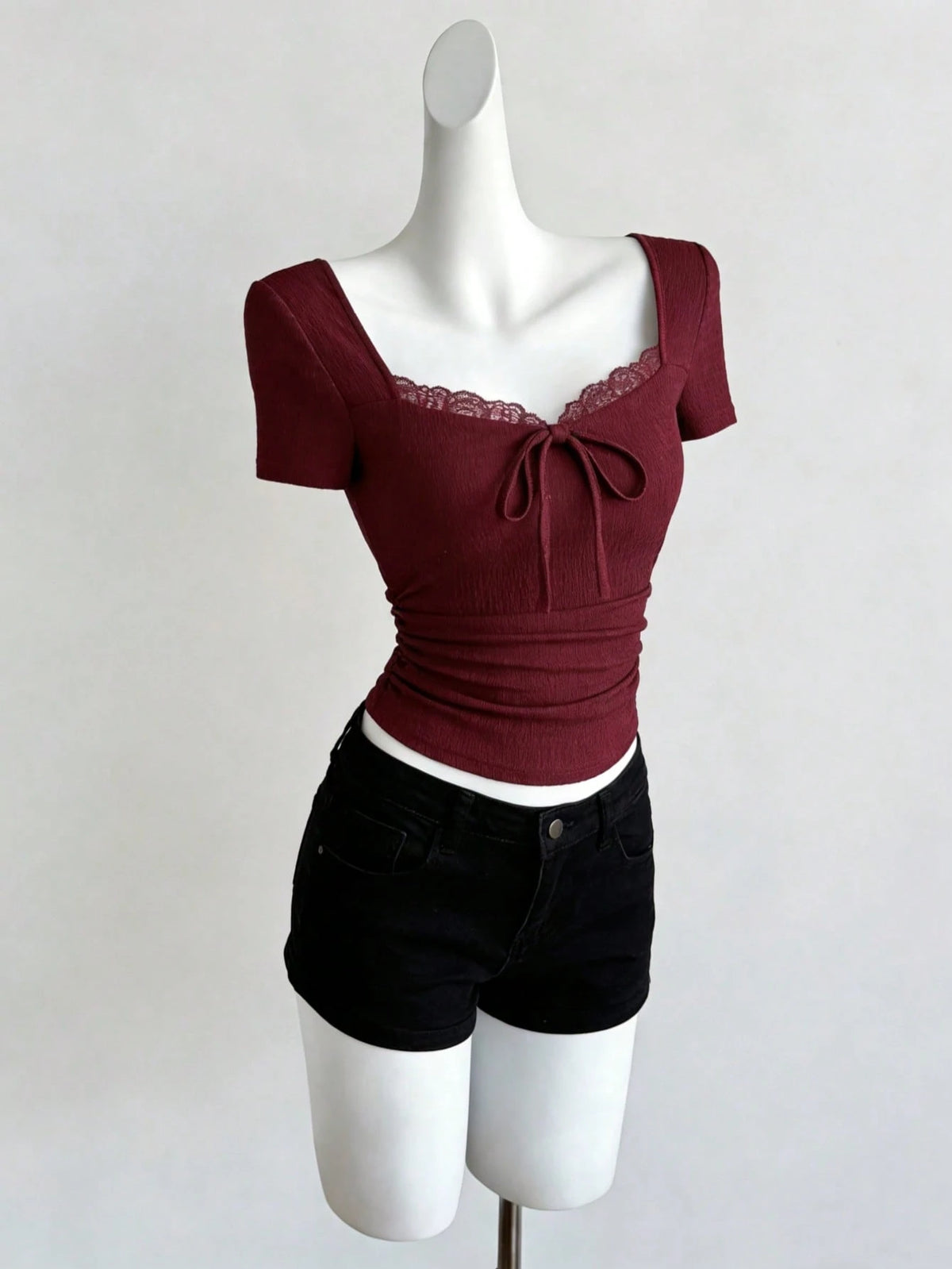 Sweetra Women's Burgundy Summer Elegant Tea Party Top, Textured Lace Trim Cinched Waist Ruched Slim Fit Sweetheart Neck Short Sleeve T-Shirt Casual Holiday Shirt