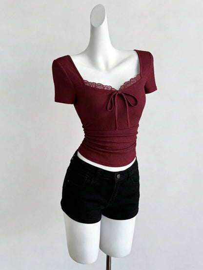 Sweetra Women's Burgundy Summer Elegant Tea Party Top, Textured Lace Trim Cinched Waist Ruched Slim Fit Sweetheart Neck Short Sleeve T-Shirt Casual Holiday Shirt