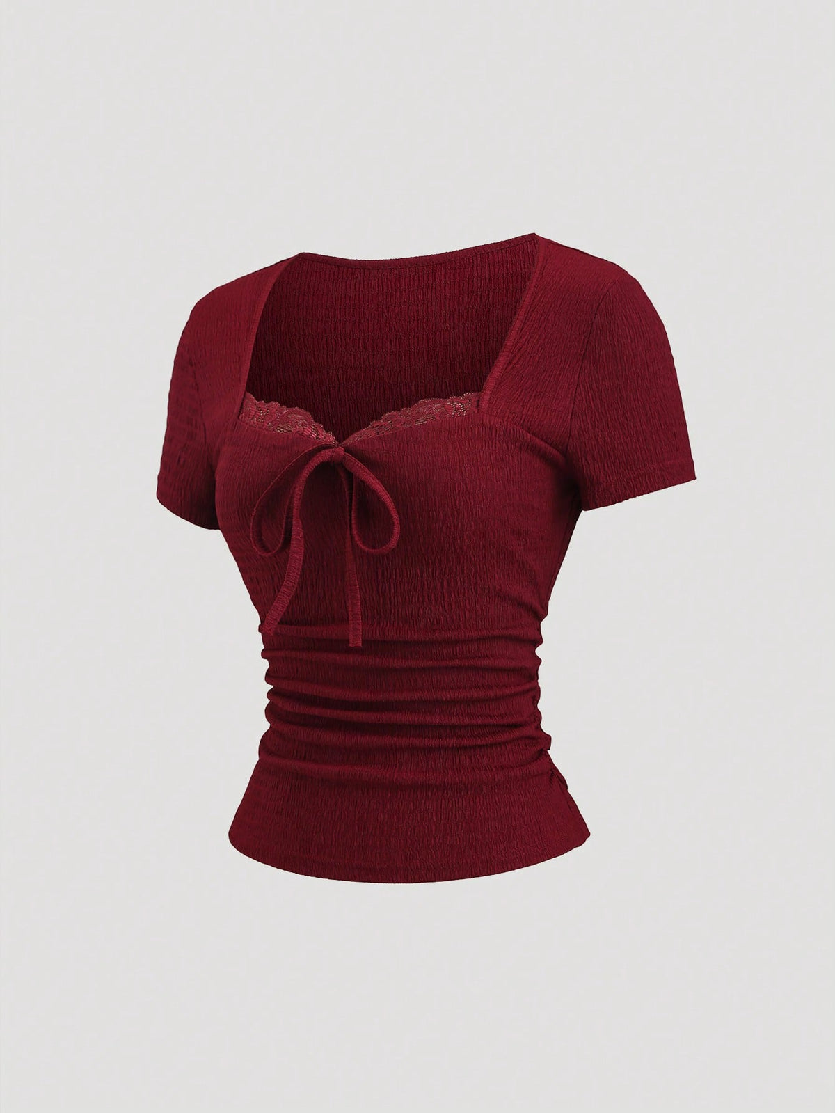 Sweetra Women's Burgundy Summer Elegant Tea Party Top, Textured Lace Trim Cinched Waist Ruched Slim Fit Sweetheart Neck Short Sleeve T-Shirt Casual Holiday Shirt