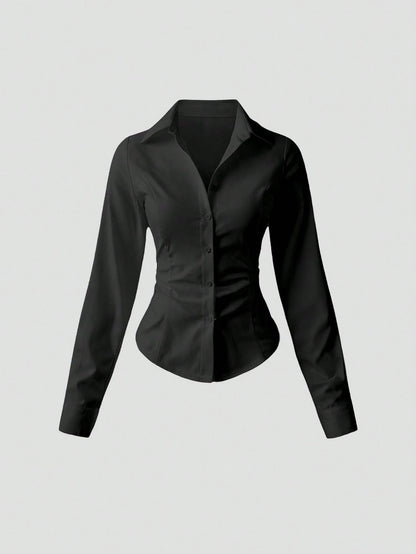 Sweetra Women's Casual Commuter Solid Color Fitted Shirt Fall Cloth For Women