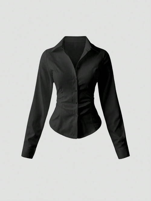 Sweetra Women's Casual Commuter Solid Color Fitted Shirt Fall Cloth For Women