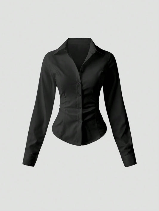 Sweetra Women's Casual Commuter Solid Color Fitted Shirt Fall Cloth For Women
