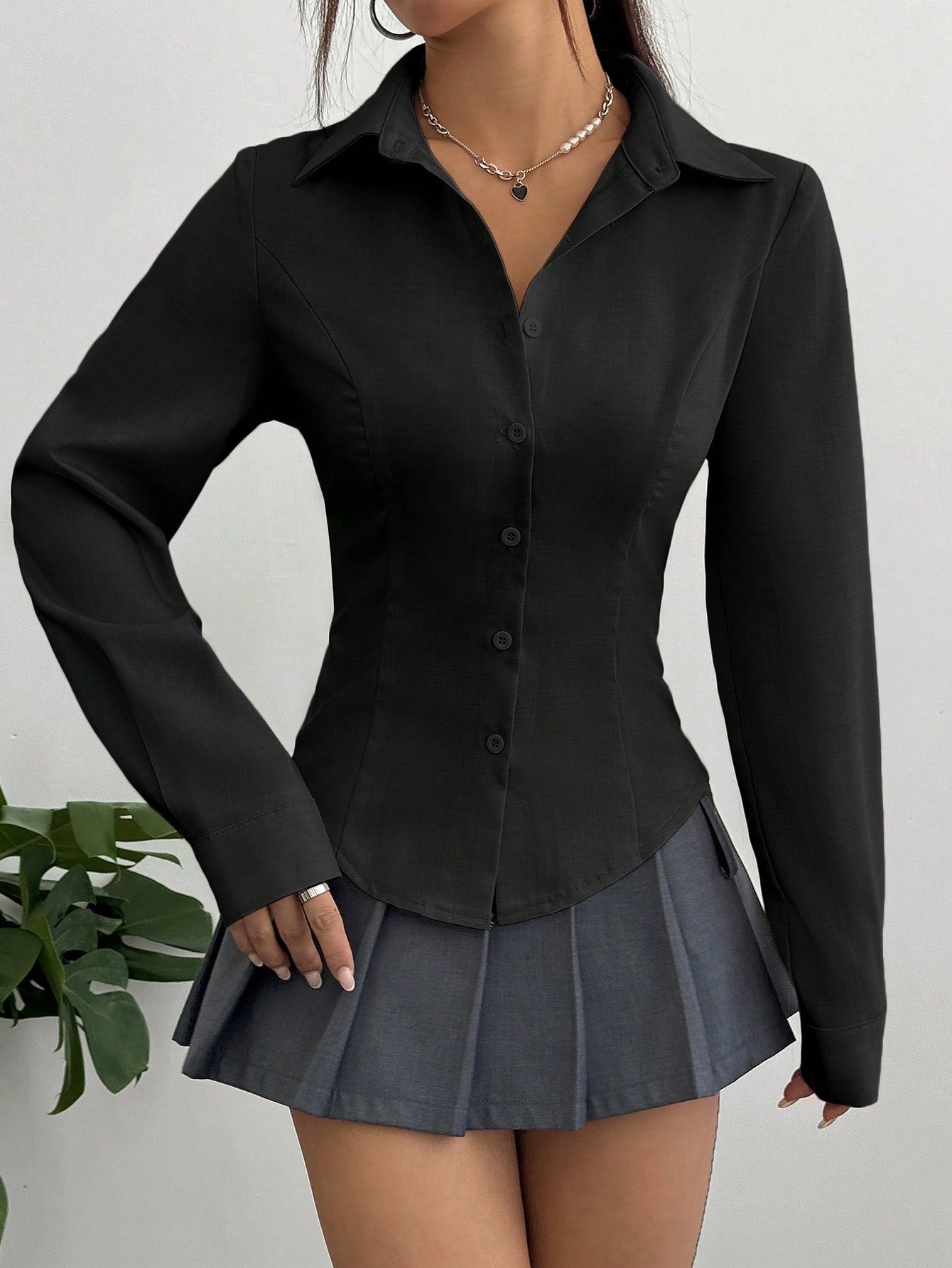Sweetra Women's Casual Commuter Solid Color Fitted Shirt Fall Cloth For Women