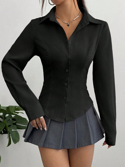 Sweetra Women's Casual Commuter Solid Color Fitted Shirt Fall Cloth For Women