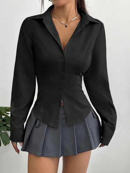 Sweetra Women's Casual Commuter Solid Color Fitted Shirt Fall Cloth For Women