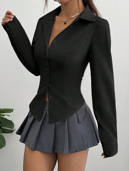 Sweetra Women's Casual Commuter Solid Color Fitted Shirt Fall Cloth For Women